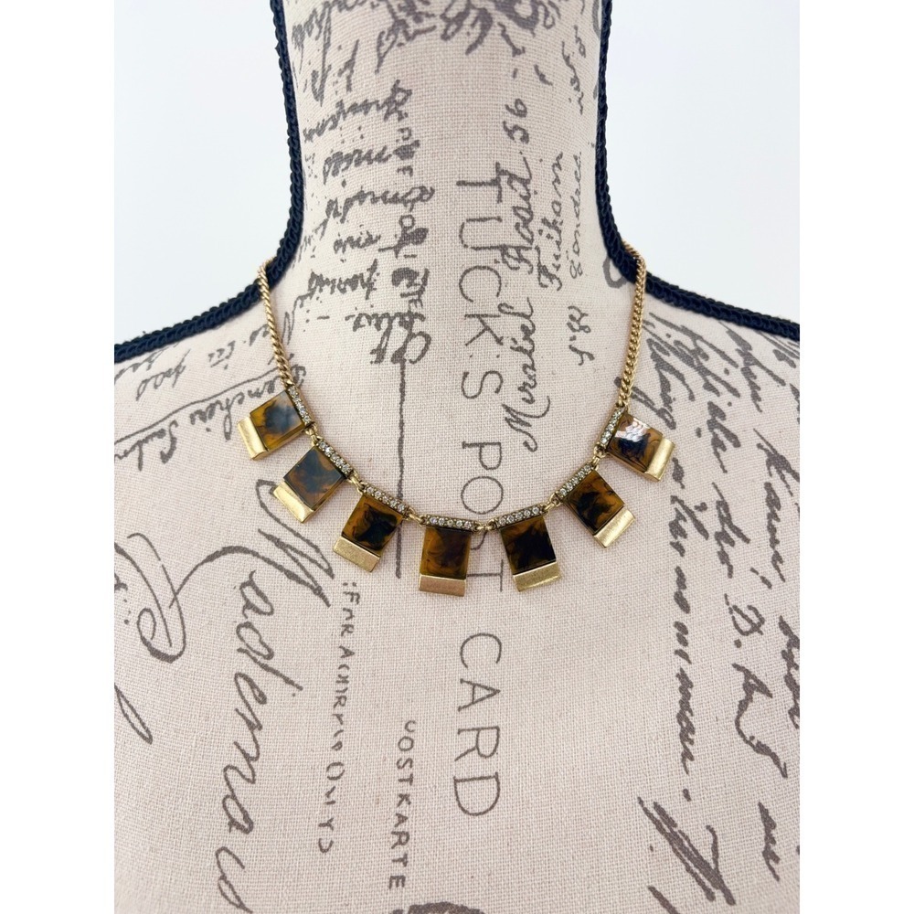 J. Crew Tortoise Collar Bib Necklace Gold Tone Rhinestone Statement Pendant Boho